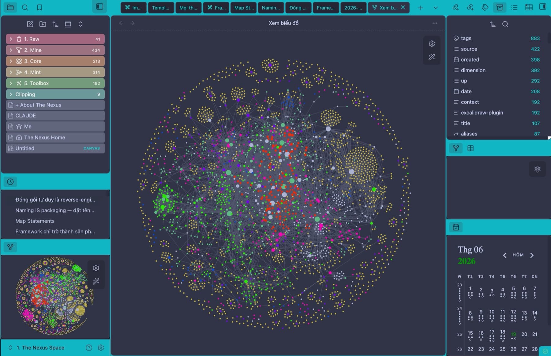 Vault Obsidian Second Brain thật: 41 ghi chú Raw, 434 Mine, 213 Core, 314 Mint và đồ thị kết nối ý tưởng
